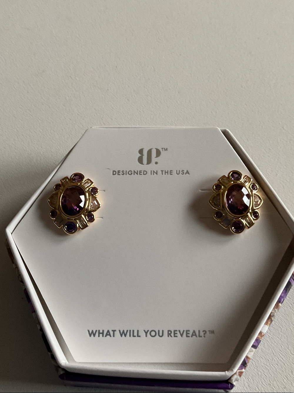 bp Gold-Tone Earrings with Purple Gem Accents